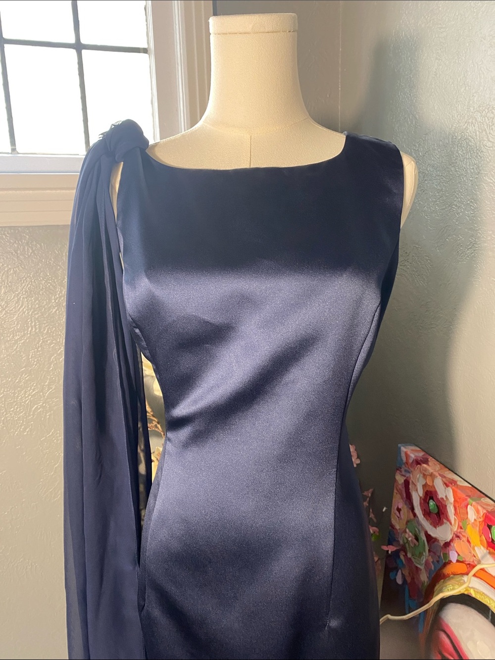 Michaelangelo Navy One Shoulder Formal Gown Cape Sleeve Prom Evening Dress - Picture 4 of 10